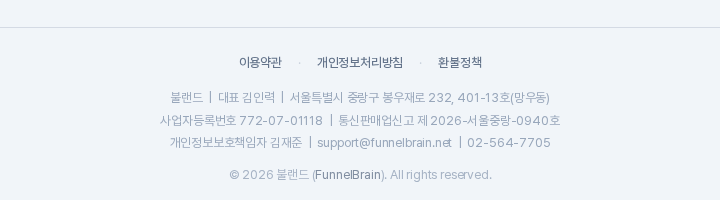 로그인 화면 맨 아래. 이용약관, 개인정보처리방침, 환불정책 링크와 사업자 정보, 문의 이메일과 전화번호가 보인다