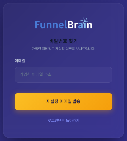 비밀번호 찾기 화면. 가입한 이메일로 재설정 링크를 보내 준다는 안내와 이메일 입력 칸, 재설정 이메일 발송 버튼, 로그인으로 돌아가기 링크가 보인다