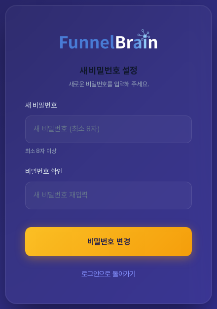 새 비밀번호 설정 화면. 새 비밀번호 입력 칸과 최소 8자 이상 안내, 비밀번호 확인 칸, 비밀번호 변경 버튼, 로그인으로 돌아가기 링크가 보인다