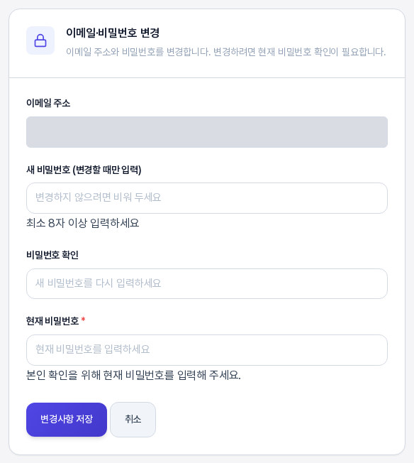 아무것도 입력하지 않은 변경 카드. 새 비밀번호 칸의 비워 두세요 안내와 최소 8자 문구, 현재 비밀번호 칸의 별표와 본인 확인 안내가 보인다