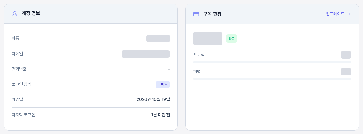 계정 정보 카드와 구독 현황 카드. 이름과 이메일, 로그인 방식, 가입일, 마지막 로그인 행이 있고 오른쪽에는 활성 표시와 프로젝트·퍼널 사용 현황 막대, 업그레이드 링크가 있다
