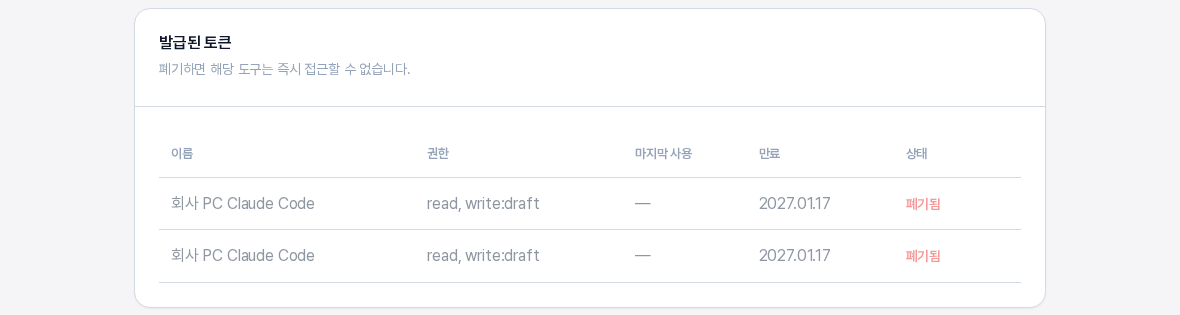 발급된 토큰 표. 폐기한 토큰 줄의 상태가 폐기됨으로 바뀌고 폐기 버튼이 없어진 화면