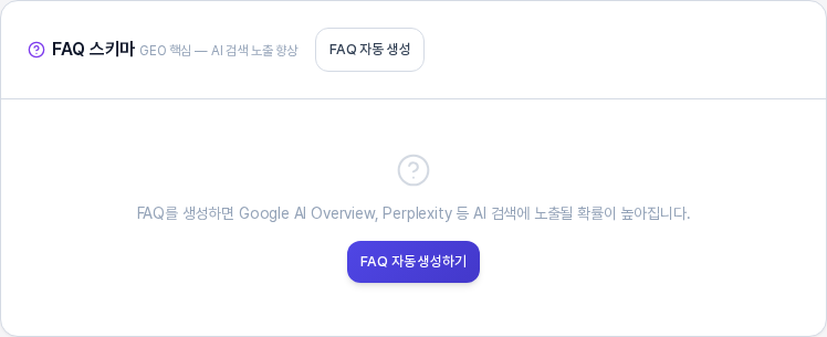 FAQ 스키마 카드. 제목 옆에 FAQ 자동 생성 버튼이 있고 안쪽에 FAQ 자동 생성하기 버튼과 안내 문구가 보이는 모습