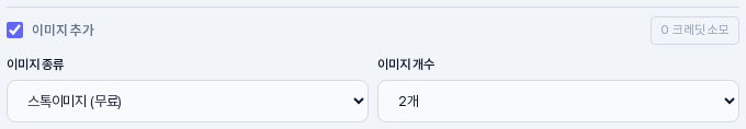 이미지 추가 체크 칸과 스톡이미지 무료 및 이미지 개수 2개가 선택된 이미지 옵션 영역. 오른쪽에 크레딧 소모 표시가 보이는 모습