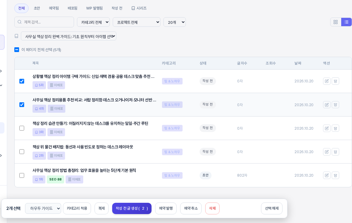 글 두 개를 선택하고 카테고리 선택 상자에서 하우투 가이드를 고른 상태의 선택 막대. 2개 선택 표시와 카테고리 적용 버튼이 보이는 모습