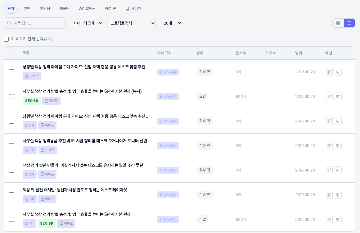 제목으로 검색한 목록. 맨 위에 작성 전 복제본이, 그 아래에 제목 뒤에 복사가 붙은 초안 복제본이 있고 시리즈 글들이 이어지는 모습