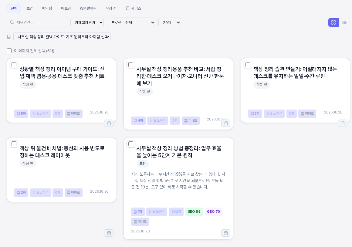 일괄 생성이 끝난 뒤의 목록. 시리즈 1화 카드가 초안 표시와 본문 앞부분, 802자, SEO와 GEO 점수 표시를 갖고 있고 나머지 네 글은 아직 작성 전으로 남아 있는 모습