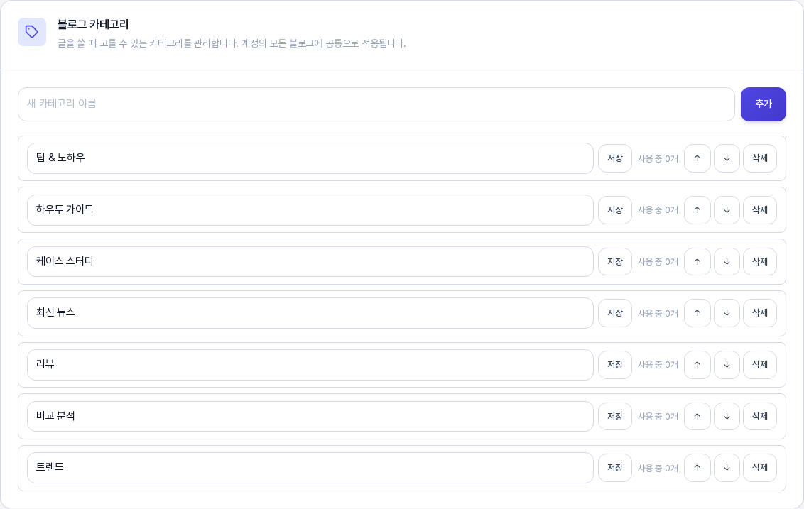 블로그 카테고리 카드의 목록. 일곱 개의 카테고리 줄마다 이름 칸과 저장, 사용 중 0개, 위아래 화살표, 삭제 버튼이 보인다