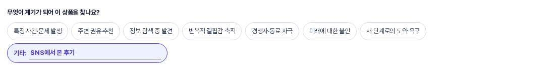 무엇이 계기가 되어 이 상품을 찾나요 질문의 칩 목록. 기타 칸에 SNS에서 본 후기가 입력되어 기타 항목이 선택된 상태로 강조되어 있다