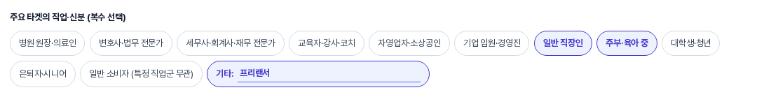 주요 타겟의 직업·신분 칩 목록. 일반 직장인과 주부·육아 중이 선택되고 기타 칸에 프리랜서가 입력되어 있다