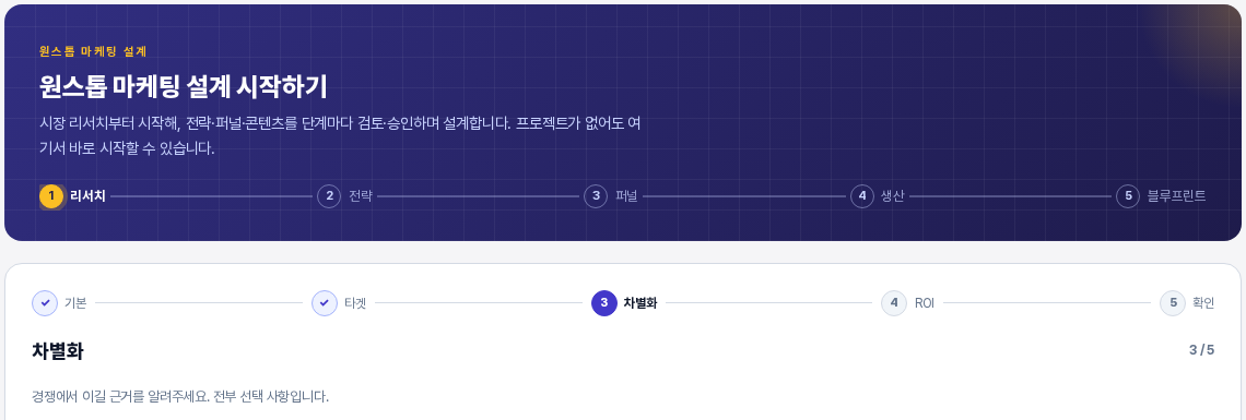 원스톱 마케팅 설계 시작 화면의 위쪽. 기본과 타겟에 체크가 표시되고 차별화 단계가 파란색 원으로 강조된 진행 표시와 3 / 5 표시가 보인다