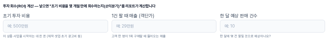 아무것도 입력하지 않은 투자 회수 계산 영역. 초기 투자 비용, 1건 팔 때 매출, 한 달 예상 판매 건수 세 입력칸과 각 칸 아래의 설명 문구가 보인다
