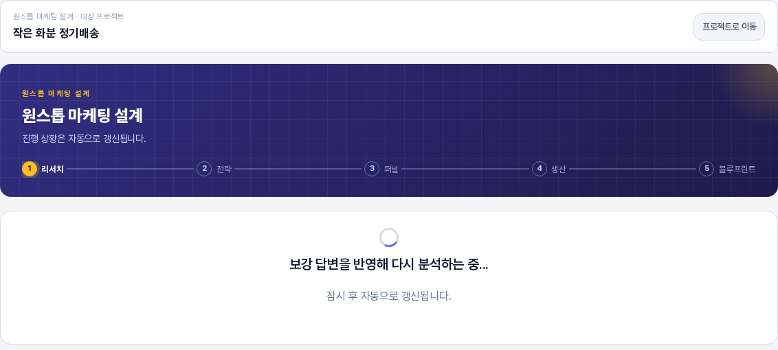 보강 답변을 반영해 다시 분석하는 중 화면. 프로젝트 이름과 리서치가 노란 원인 남색 밴드, 회전 표시와 안내 문구가 보인다