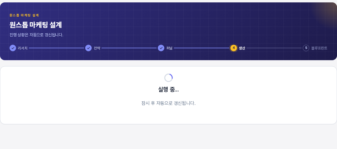 블루프린트 완성하기를 누른 직후의 화면. 생산이 노란 원인 밴드 아래에 실행 중이라는 문구와 잠시 후 자동으로 갱신된다는 안내가 보인다