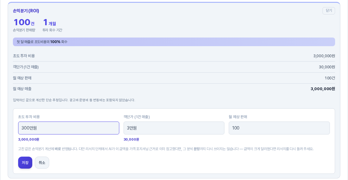 수정 버튼을 눌러 열린 입력 폼. 초도 투자 비용과 객단가와 월 예상 판매 세 입력칸과 저장과 취소 버튼이 카드 안에 나타나 있다