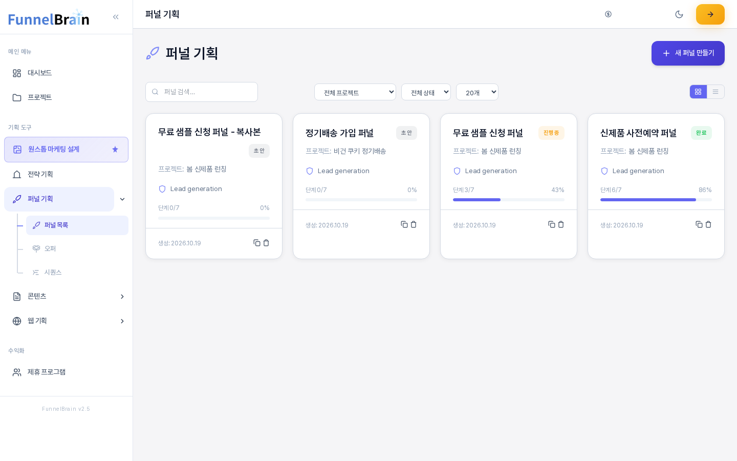 퍼널 기획 아래 퍼널 목록 화면. 새 퍼널 만들기 버튼과 검색 필터 줄이 있고 그 아래에 퍼널 카드 네 개가 한 줄로 놓여 있다