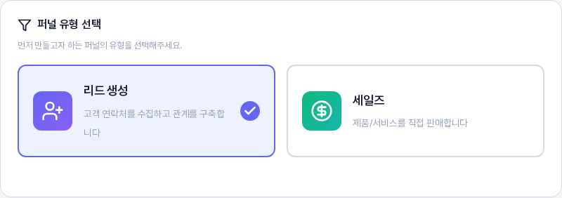 퍼널 유형 선택 카드. 리드 생성 카드가 체크 표시와 함께 선택되어 있고 세일즈 카드는 선택되지 않았다