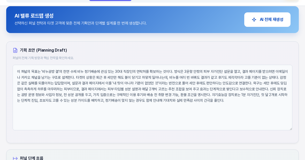 생성이 끝난 뒤의 AI 밸류 로드맵 배너와 기획 초안 입력칸. 퍼널의 목표와 방식과 타겟의 상황 감정 욕구를 이어 가는 방법이 문단으로 채워져 있다