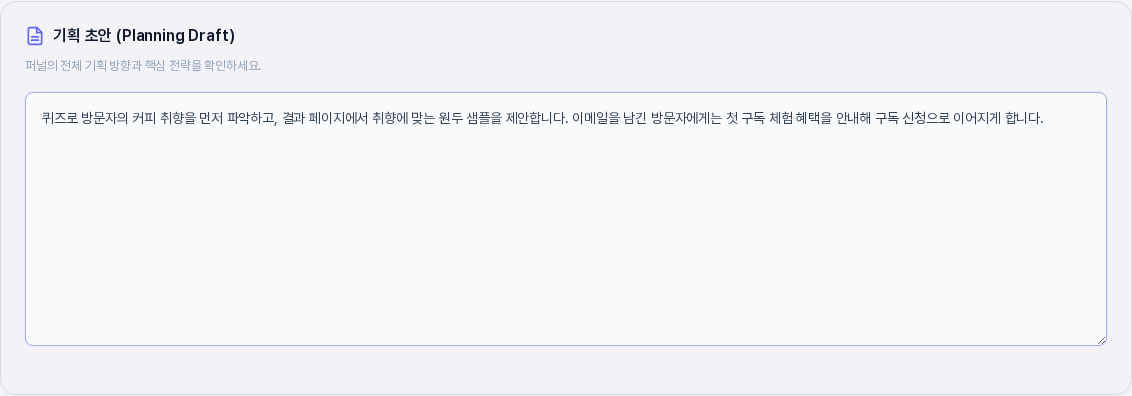 기획 초안 입력칸에 퀴즈로 취향을 파악하고 맞춤 원두 샘플을 제안하는 흐름이 직접 입력되어 있다