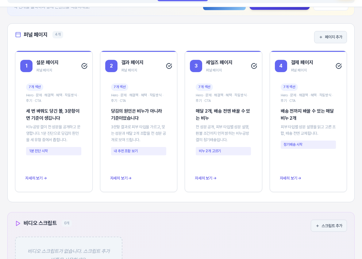 전체 AI 생성 뒤의 퍼널 페이지 섹션. 설문 페이지 결과 페이지 세일즈 페이지 결제 페이지 네 장의 카드에 7개 섹션 배지와 헤드라인과 버튼 문구가 요약되어 있다