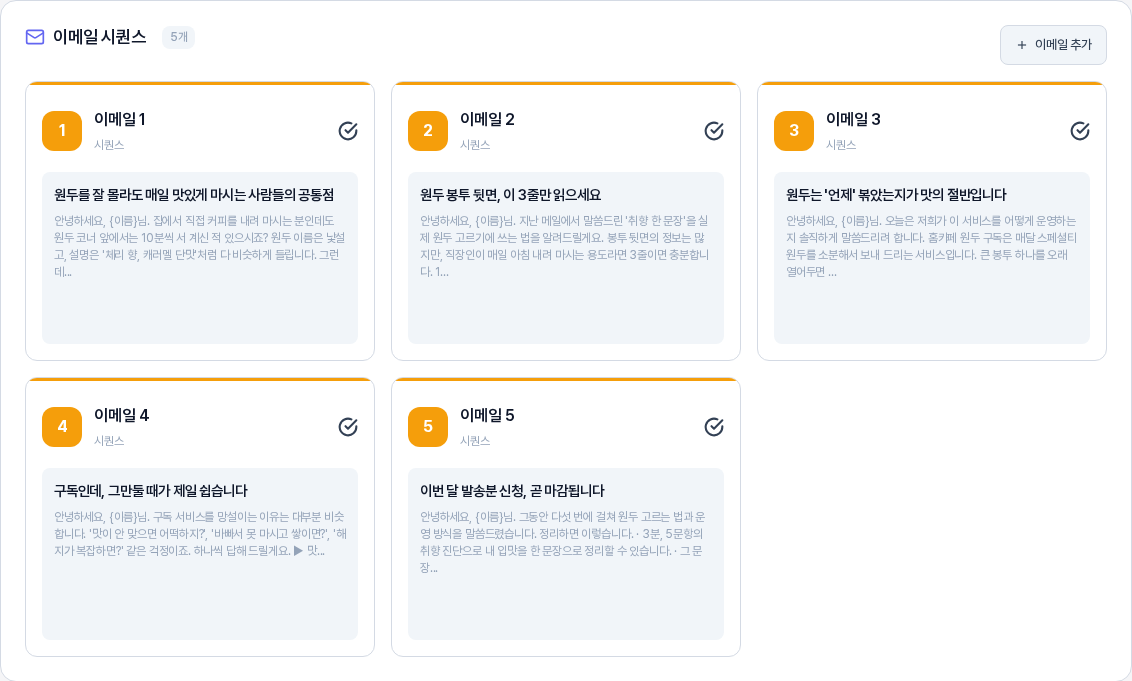 이메일 시퀀스 섹션. 다섯 장의 이메일 카드에 번호와 이메일 이름, 굵은 제목과 본문 앞부분이 보이고 오른쪽 위에 이메일 추가 버튼이 있다