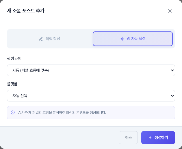 새 소셜 포스트 추가 창에서 AI 자동 생성을 고른 화면. 생성 타입과 플랫폼 선택 상자, 취소와 생성하기 버튼이 보인다