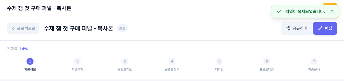 복제 직후의 퍼널 요약 화면 위쪽. 이름 끝에 복사본이 붙은 퍼널 제목과 초안 배지, 오른쪽 위의 퍼널이 복제되었습니다 알림, 진행률 14퍼센트와 7단계 줄이 보인다