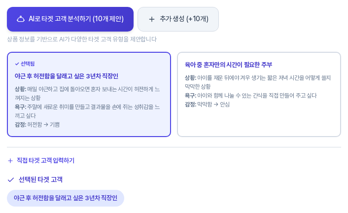 추가 생성 버튼이 보이는 타겟 고객 카드 목록. 첫 번째 카드가 선택됨 표시와 파란 테두리로 선택되어 있고 아래 선택된 타겟 고객 영역에 한 줄 요약이 표시된다