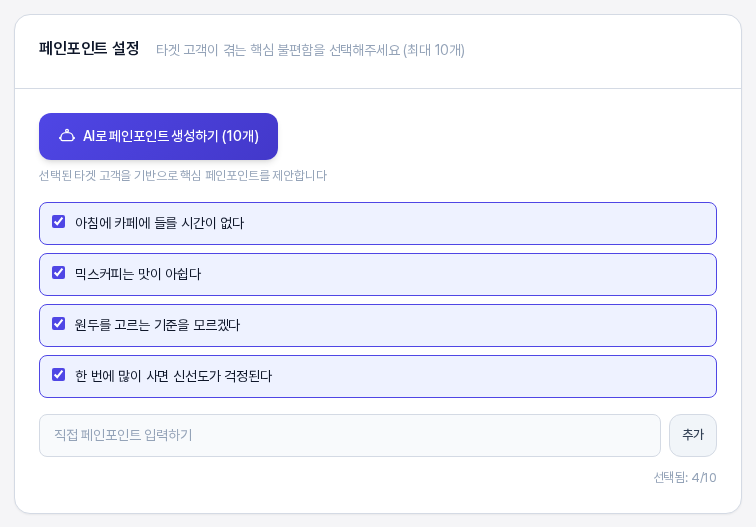 직접 입력한 페인포인트 네 개가 체크된 목록. 항목마다 파란 테두리로 강조되어 있고 오른쪽 아래에 선택됨 4/10이 표시되어 있다