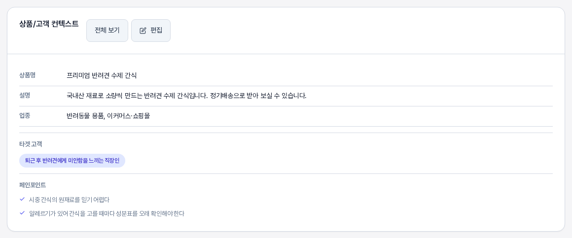 상품/고객 컨텍스트 카드를 확대한 모습. 제목 옆에 전체 보기와 편집 버튼이 있고 아래에 상품명, 설명, 업종 행과 타겟 고객 칩, 페인포인트 목록이 보인다