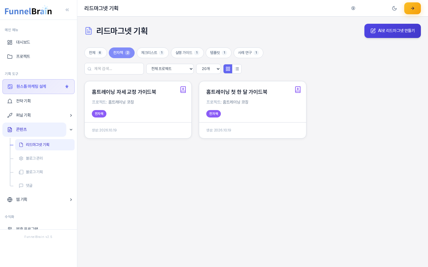 전자책 탭을 눌러 전자책 유형의 문서 카드 두 장만 남은 리드마그넷 기획 화면. 전자책 탭이 강조되어 있다