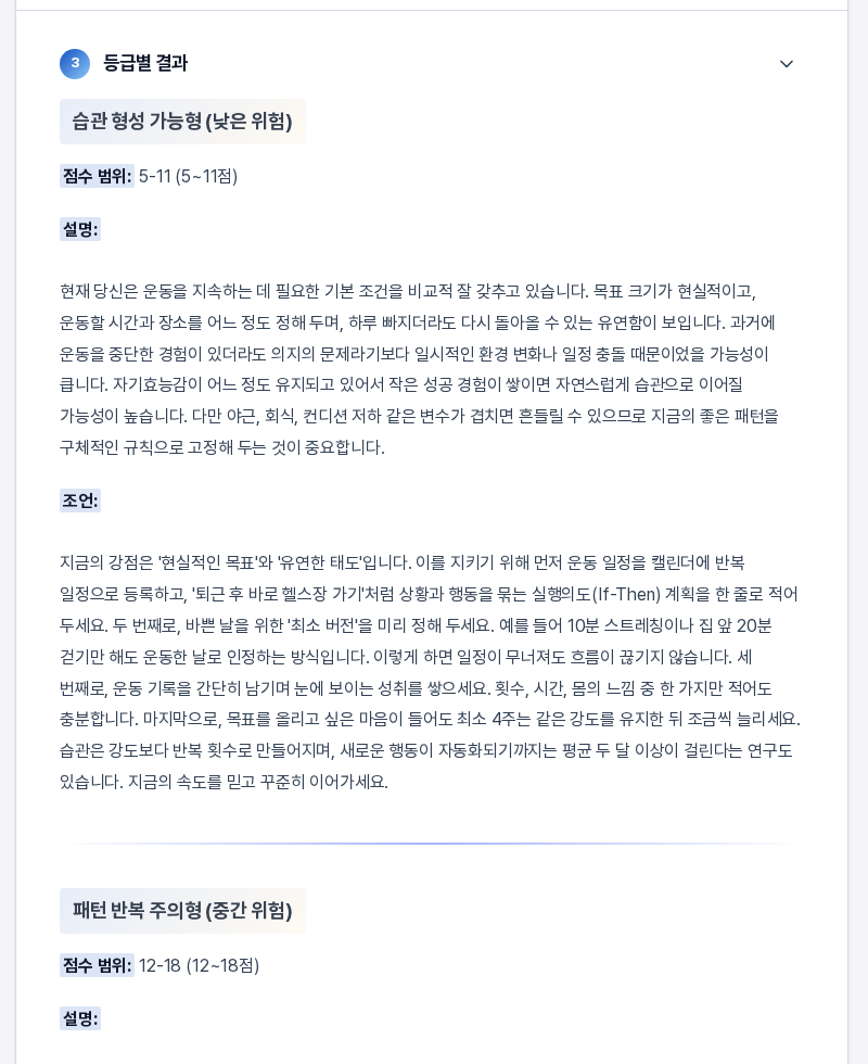 등급별 결과 섹션. 습관 형성 가능형 낮은 위험 등급의 점수 범위와 설명과 조언이 보이고 아래에 패턴 반복 주의형 중간 위험 등급이 이어진다