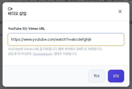 비디오 삽입 창. YouTube 또는 Vimeo URL 칸에 영상 주소가 입력되어 있고 안내 문구와 취소, 삽입 버튼이 보인다