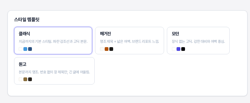 스타일 템플릿 카드. 클래식, 매거진, 모던, 원고 네 개 템플릿이 이름과 한 줄 설명, 색 견본 세 개와 함께 나열되어 있고 클래식에 파란 테두리가 둘러져 있다