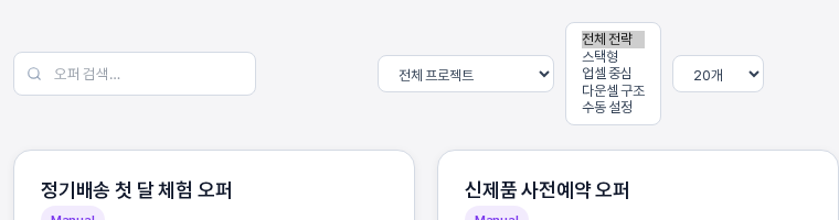 오퍼 목록 위쪽의 도구 줄. 오퍼 검색 입력칸과 전체 프로젝트 선택, 전체 전략 선택 목록이 펼쳐져 스택형 업셀 중심 다운셀 구조 수동 설정이 보이고 그 옆에 20개 선택이 있다