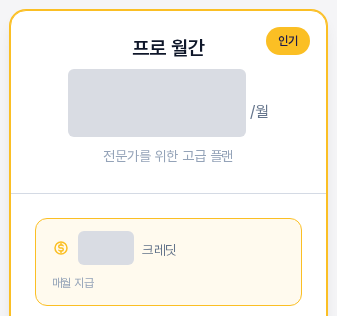 프로 월간 카드의 윗부분. 인기 배지와 플랜 이름, 가격 옆의 결제 주기 월 표시, 한 줄 설명, 크레딧 지급 방식이 적힌 노란 박스가 보인다