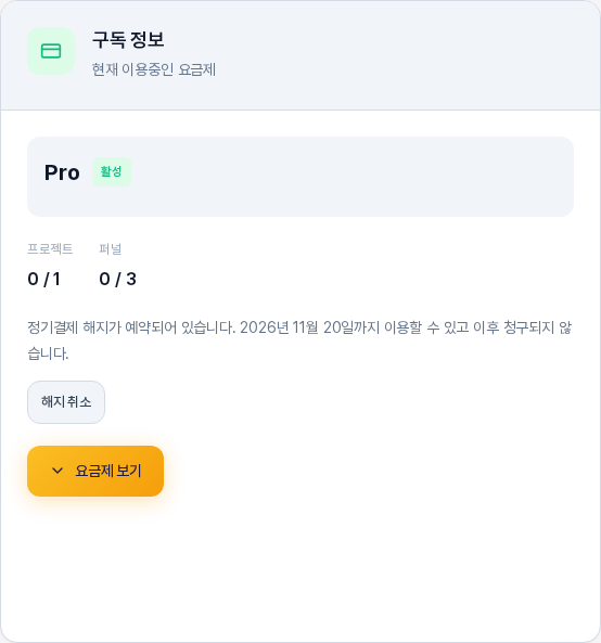 해지가 예약된 뒤의 구독 정보 카드. Pro 요금제는 여전히 활성으로 표시되고, 해지가 예약되어 있다는 안내와 마지막 이용 날짜 아래에 해지 취소 버튼이 있다