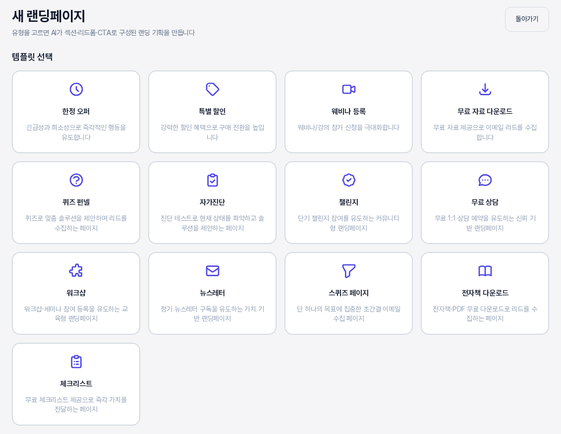 새 랜딩페이지 화면의 템플릿 선택 영역. 한정 오퍼부터 체크리스트까지 템플릿 카드 13장이 이름과 설명과 함께 놓여 있다