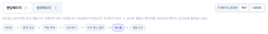 랜딩페이지 탭과 땡큐페이지 탭, 편집 안내 문구, 히어로부터 행동 유도까지 이어진 섹션 흐름 칩. 리드폼 칩이 파란 테두리로 강조되어 있다