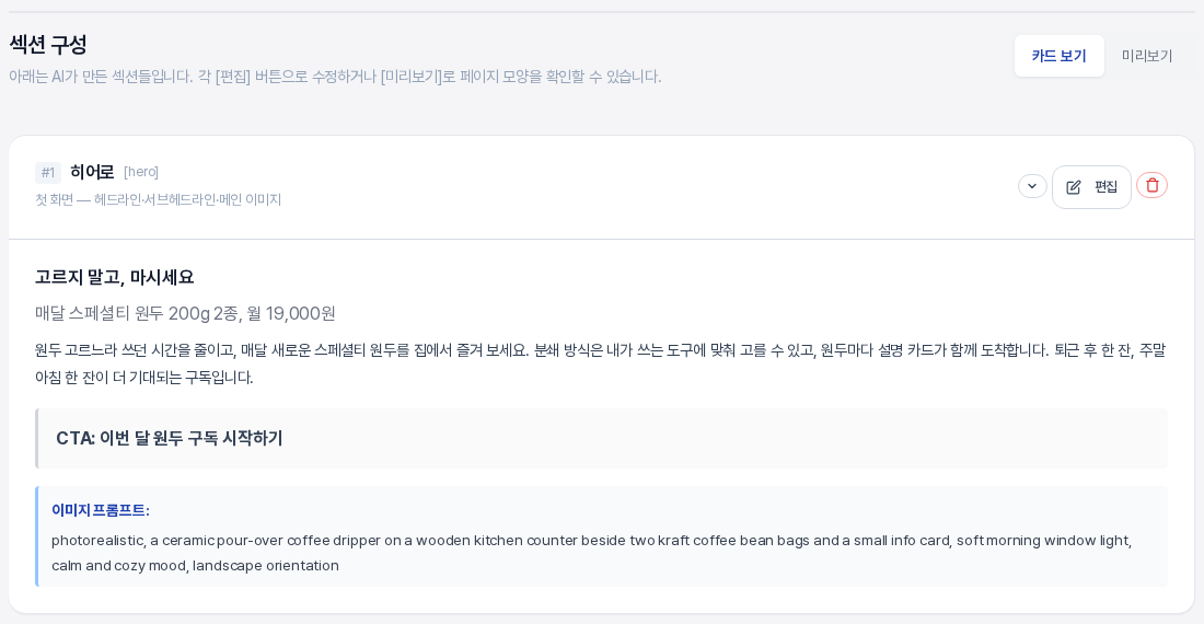 섹션 구성 영역과 첫 번째 히어로 카드. 카드 보기와 미리보기 전환 버튼, 순서 번호와 섹션 이름, 편집과 삭제 버튼, 헤드라인과 서브헤드라인과 본문과 CTA 문구와 이미지 프롬프트가 보인다