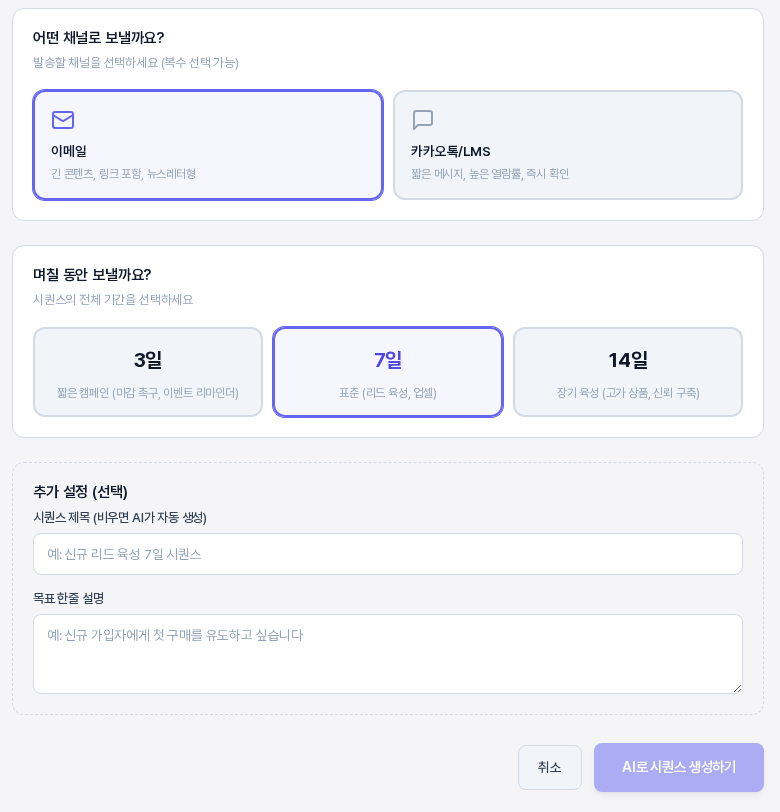 채널은 이메일이 선택되고 기간은 7일이 선택된 상태의 화면 아래쪽. 추가 설정과 흐리게 표시된 AI로 시퀀스 생성하기 버튼이 보인다