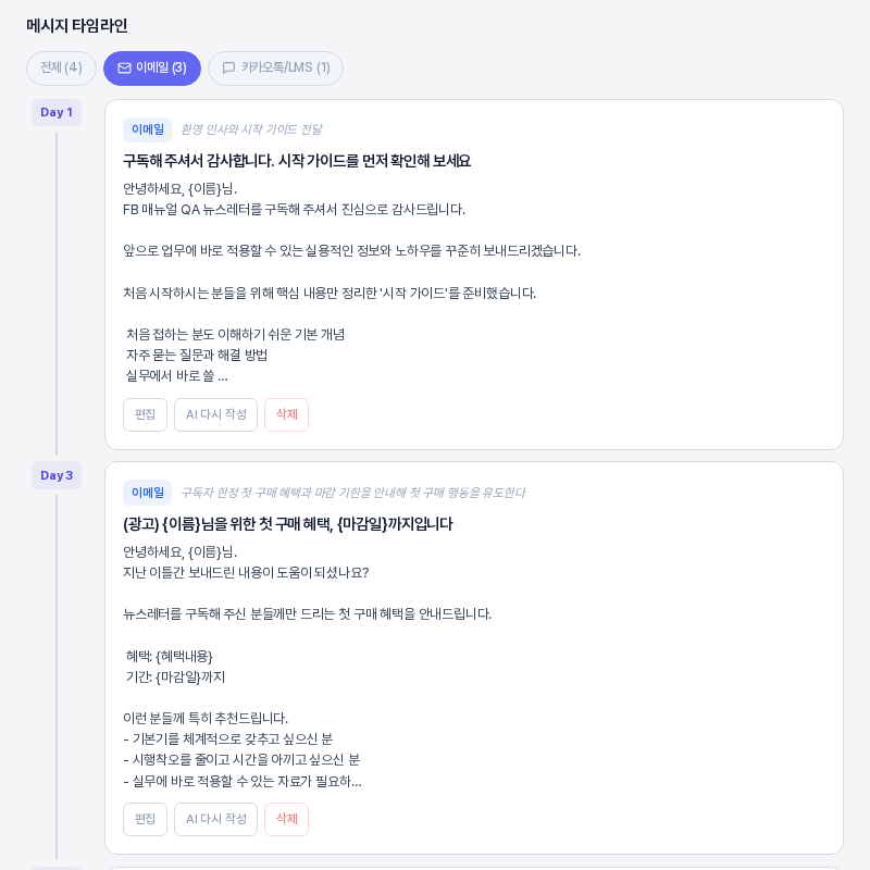 이메일 탭이 선택된 메시지 타임라인. Day 1과 Day 3의 이메일 카드만 보이고 카드마다 편집, AI 다시 작성, 삭제 버튼이 있다