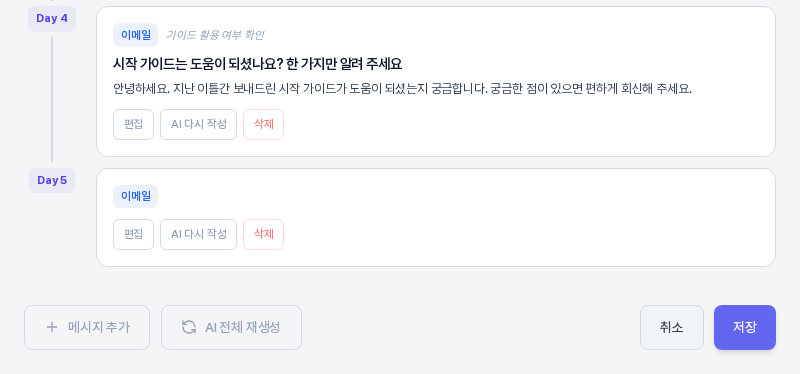 메시지 추가를 누른 직후의 타임라인 아래쪽. Day 5 이메일 카드가 제목과 본문 없이 생겼고 그 아래에 메시지 추가, AI 전체 재생성, 취소, 저장 버튼이 있다