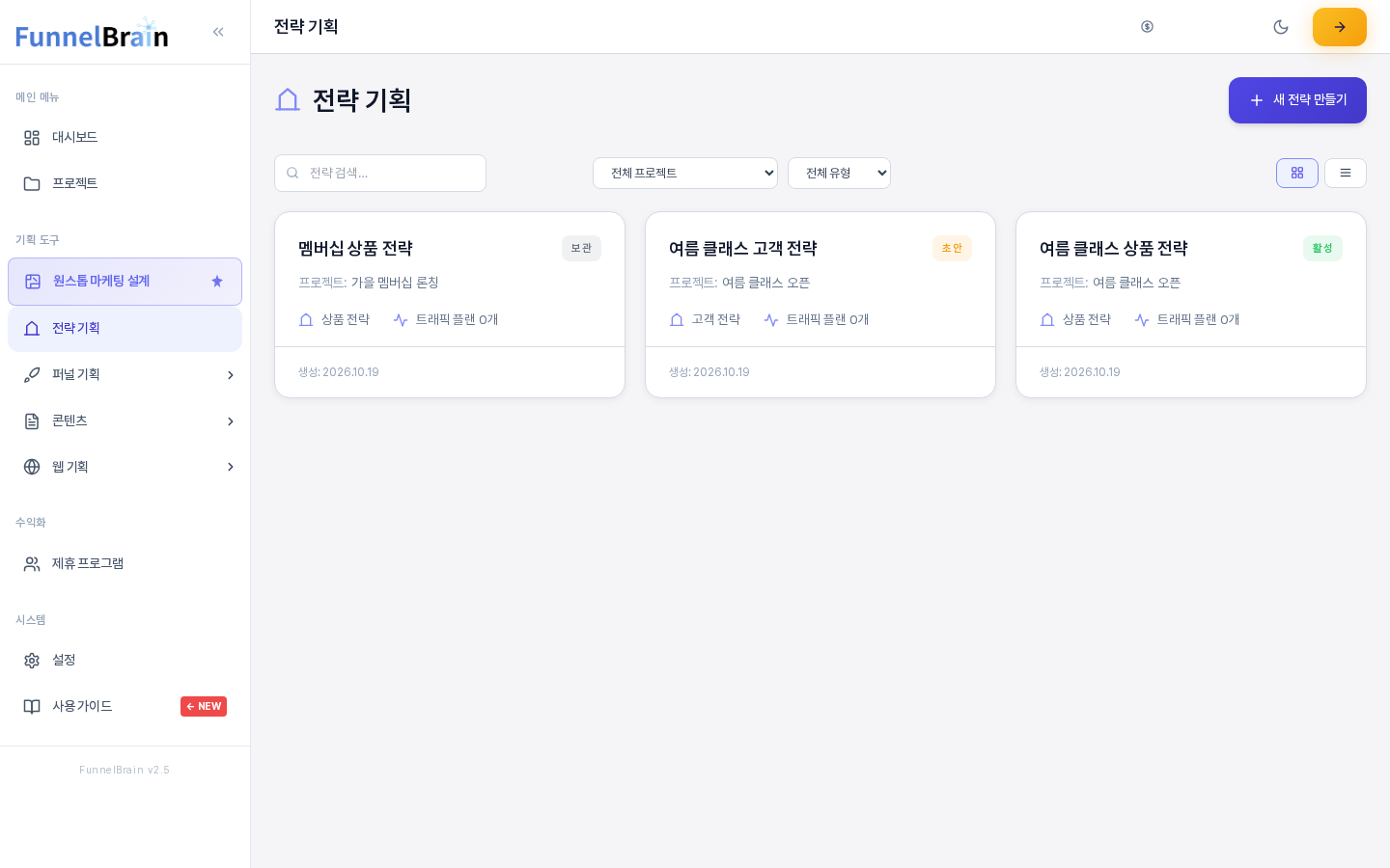 전략이 세 개 있는 전략 기획 화면. 검색 칸과 전체 프로젝트, 전체 유형 선택 상자, 보기 전환 버튼이 위에 있고 아래에 보관, 초안, 활성 배지가 붙은 전략 카드 세 장이 나란히 보인다
