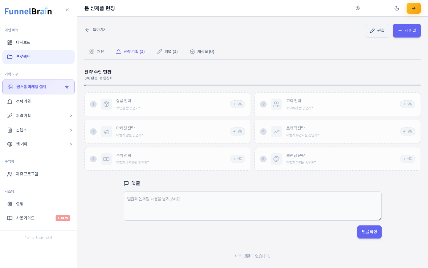 프로젝트의 전략 기획 탭. 전략 수립 현황 0/6 완성 안내와 진행 막대 아래에 상품, 고객, 마케팅, 트래픽, 수익, 브랜딩 전략 카드 여섯 장이 번호순으로 보인다