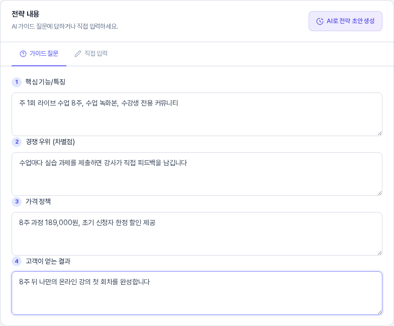 상품 전략의 가이드 질문 탭. 핵심 기능/특징, 경쟁 우위(차별점), 가격 정책, 고객이 얻는 결과 네 칸에 답이 적혀 있고 오른쪽 위에 AI로 전략 초안 생성 버튼이 보인다