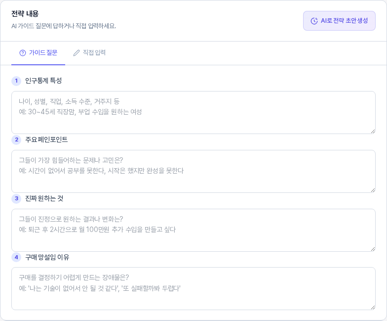 고객 전략을 고르고 연 가이드 질문 탭. 인구통계 특성, 주요 페인포인트, 진짜 원하는 것, 구매 망설임 이유 네 칸이 비어 있고 각 칸에 회색 예시 문구가 있다
