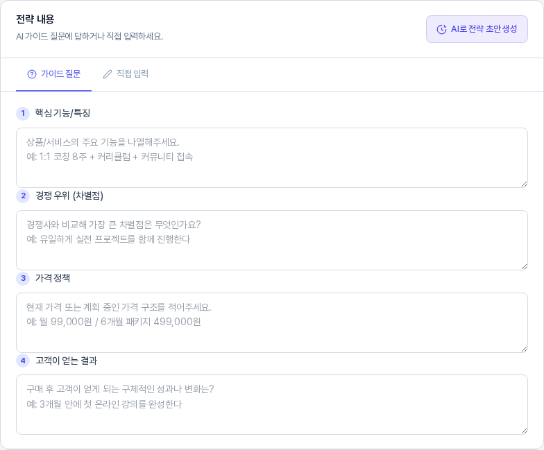 전략 내용 카드를 확대한 모습. 오른쪽 위의 AI로 전략 초안 생성 버튼과 가이드 질문, 직접 입력 탭, 상품 전략의 질문 네 칸이 보인다