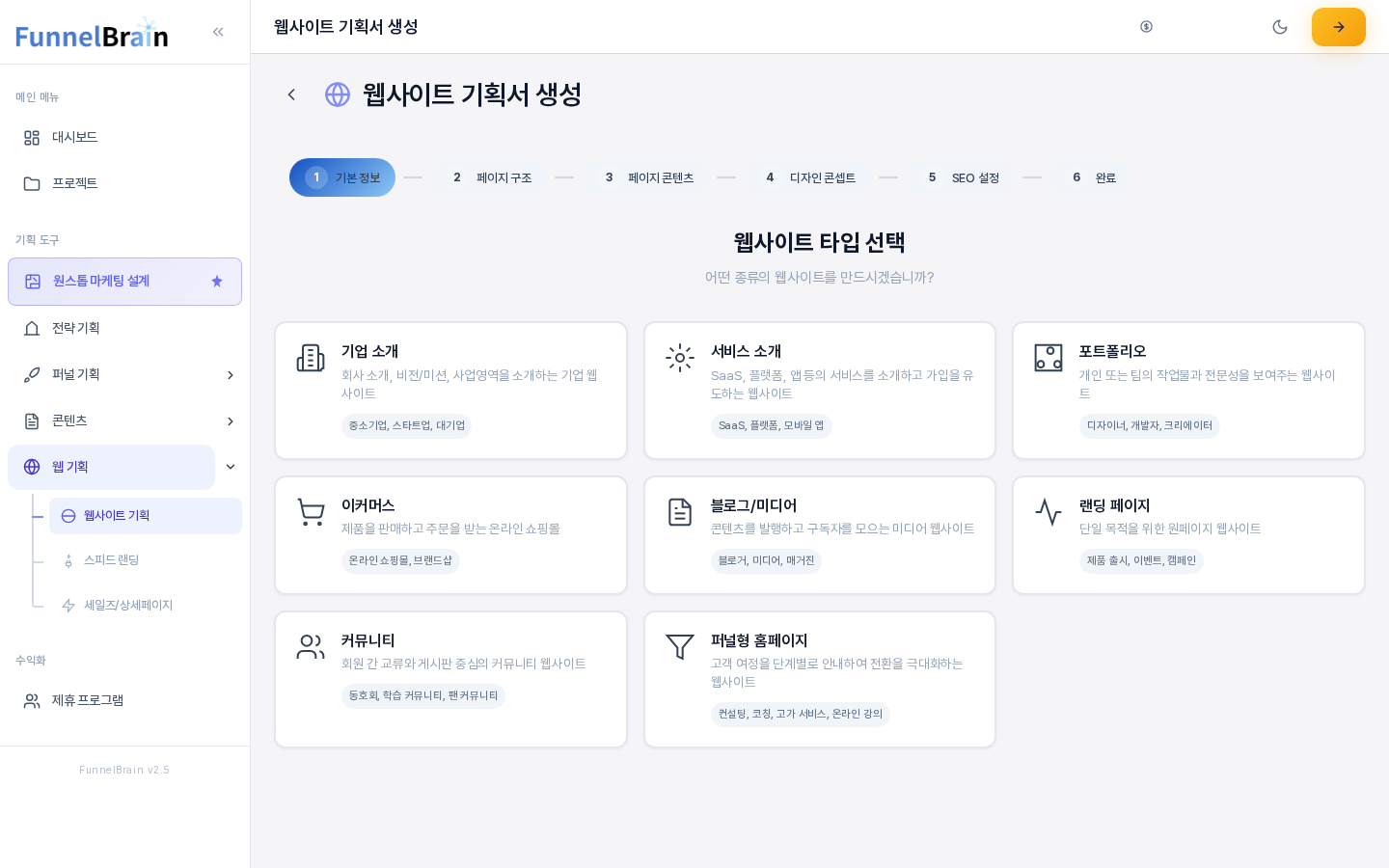웹사이트 기획서 생성 위저드의 첫 화면. 위에 여섯 단계 진행 표시가 있고 아래에 기업 소개, 서비스 소개, 포트폴리오, 이커머스, 블로그 미디어, 랜딩 페이지, 커뮤니티, 퍼널형 홈페이지 카드 여덟 장이 놓여 있다