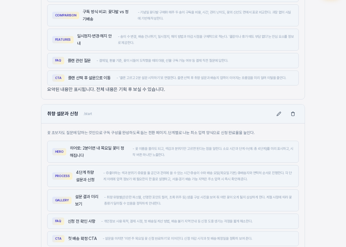 페이지 구조 확인 화면의 일부. 구독 플랜 페이지의 비교와 FAQ 섹션 목록, 취향 설문과 신청 페이지 카드가 이름과 주소 조각 및 수정과 삭제 아이콘과 함께 보인다